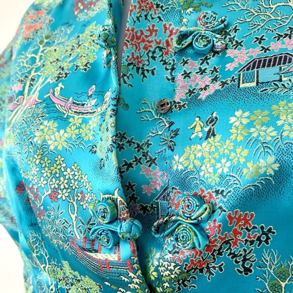Vtg PEONY Brand Kimono Jacket Turquoise Floral Embroidery S/S Shirt Women SZ S - Picture 3 of 4